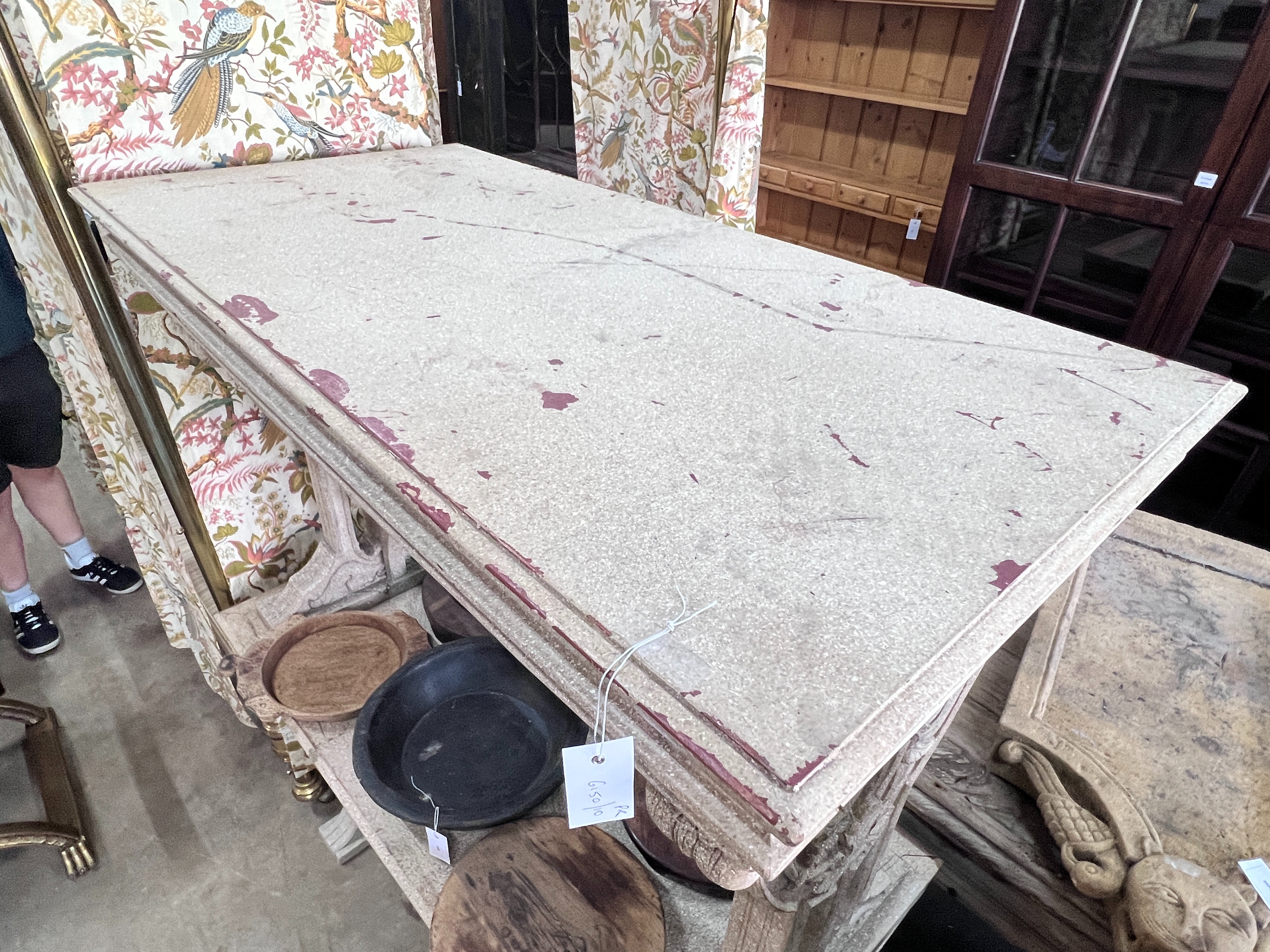 A pair of rectangular Gothic style composition faux stone console tables, width 122cm, depth 62cm, height 80cm